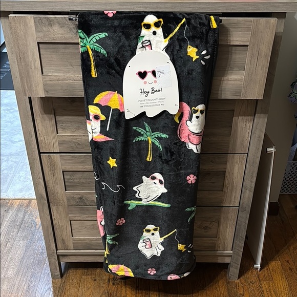 Hey Boo Black Plush Throw Blanket SUMMERWEEN  Surfing Flamingo Floaty Ghosts - Picture 1 of 9